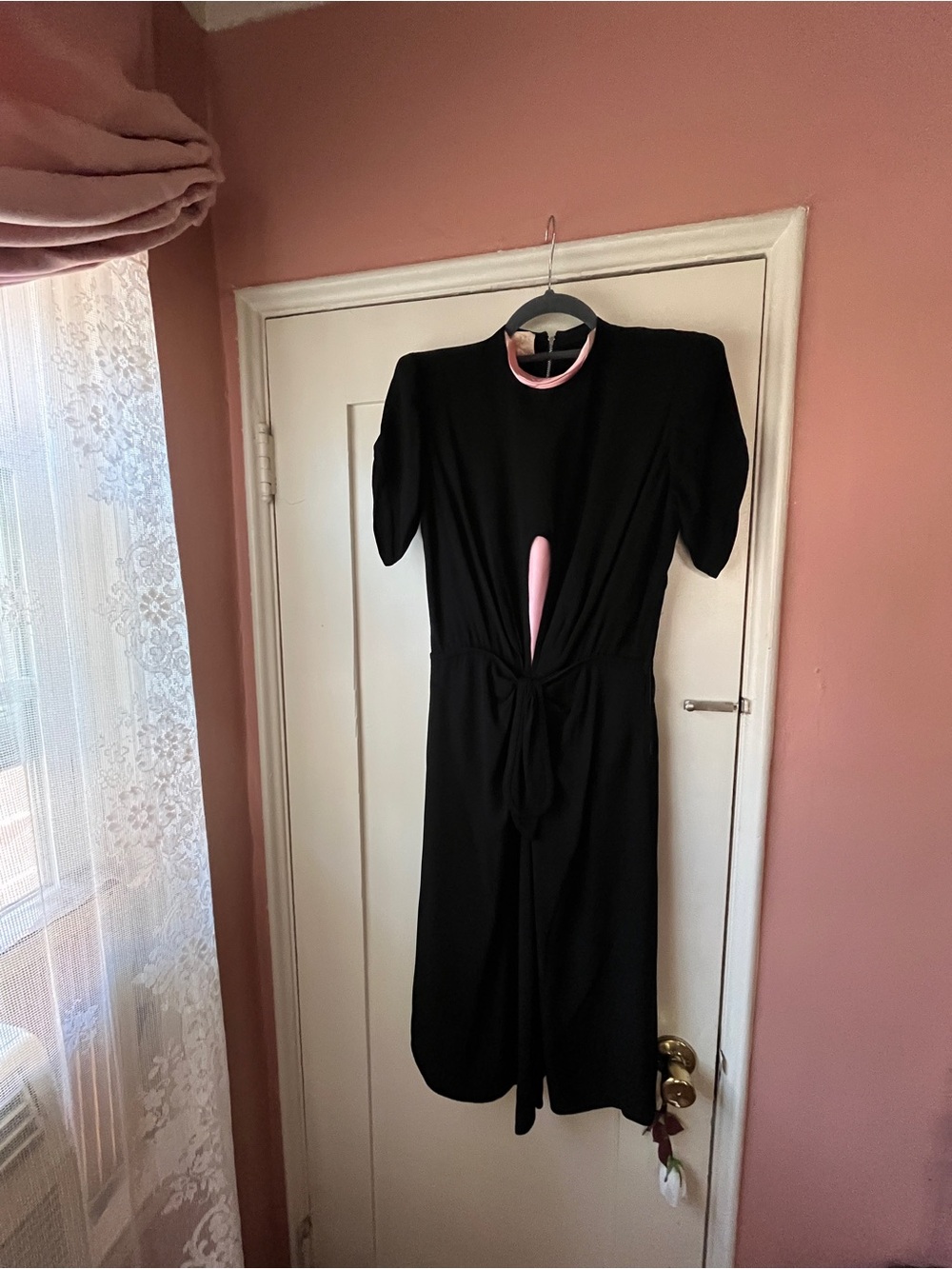 1940s Dress with Strong Shoulders Pink Trim Tie-Front